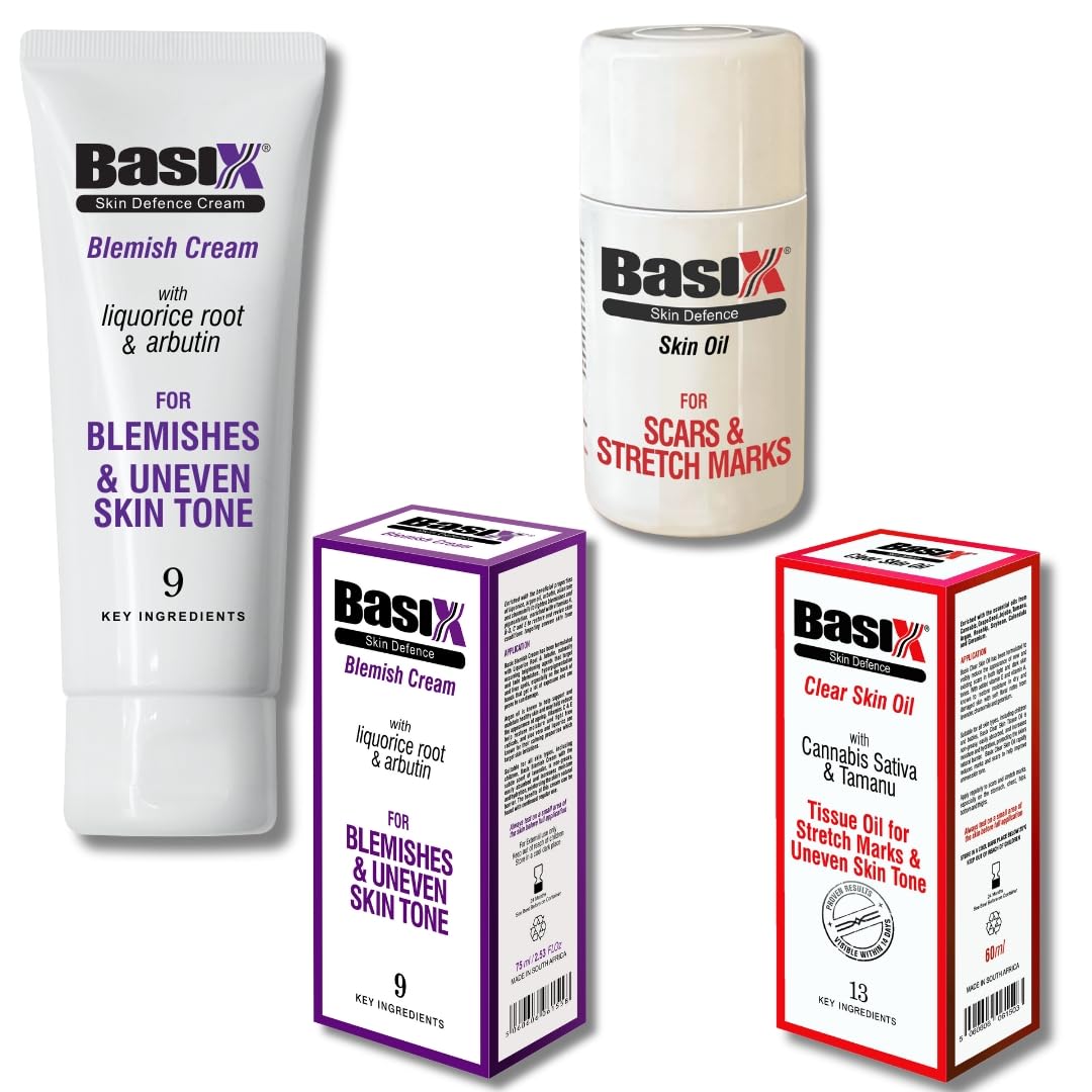 Basix Skin Defence Cream BLEMISH PACK [1 x Blemish Cream and 1 x Clear Skin Tissue Oil] - Naturally Fade Scars, Stretch Marks, Liver Spots and Uneven Skin Tone