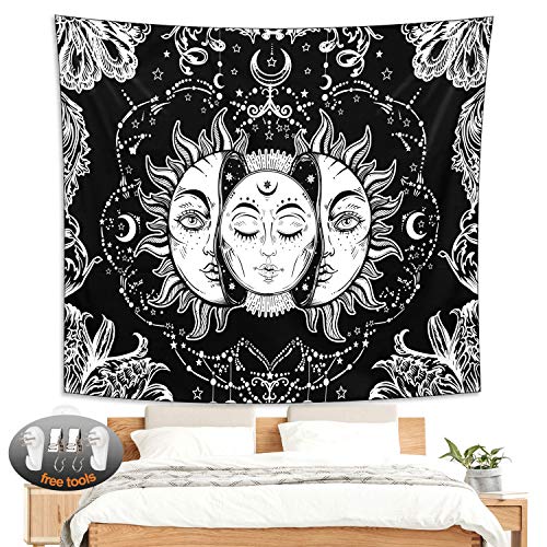 Tapestry Wall Hanging, Magicalmai Sun and Moon Wall Tapestry Burning Sun with Stars Tapestries Wall Art Mural Home Decorations for Bedroom Living Room Decor Black and White 59.1x59.1 Inches