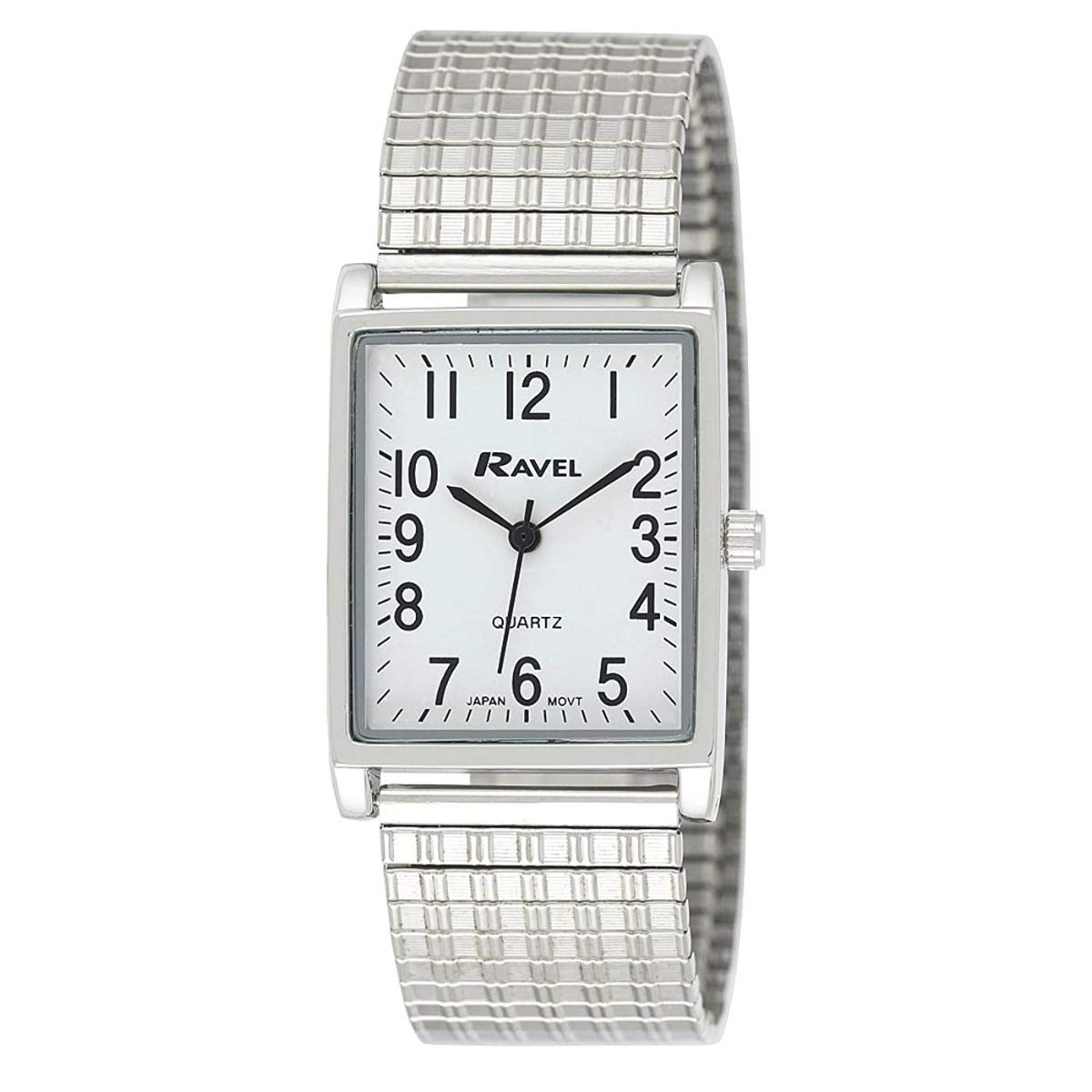 Ravel Gents White Rectangle Dial Silvertone Expander Bracelet Strap Dress Watch R0220.02.1