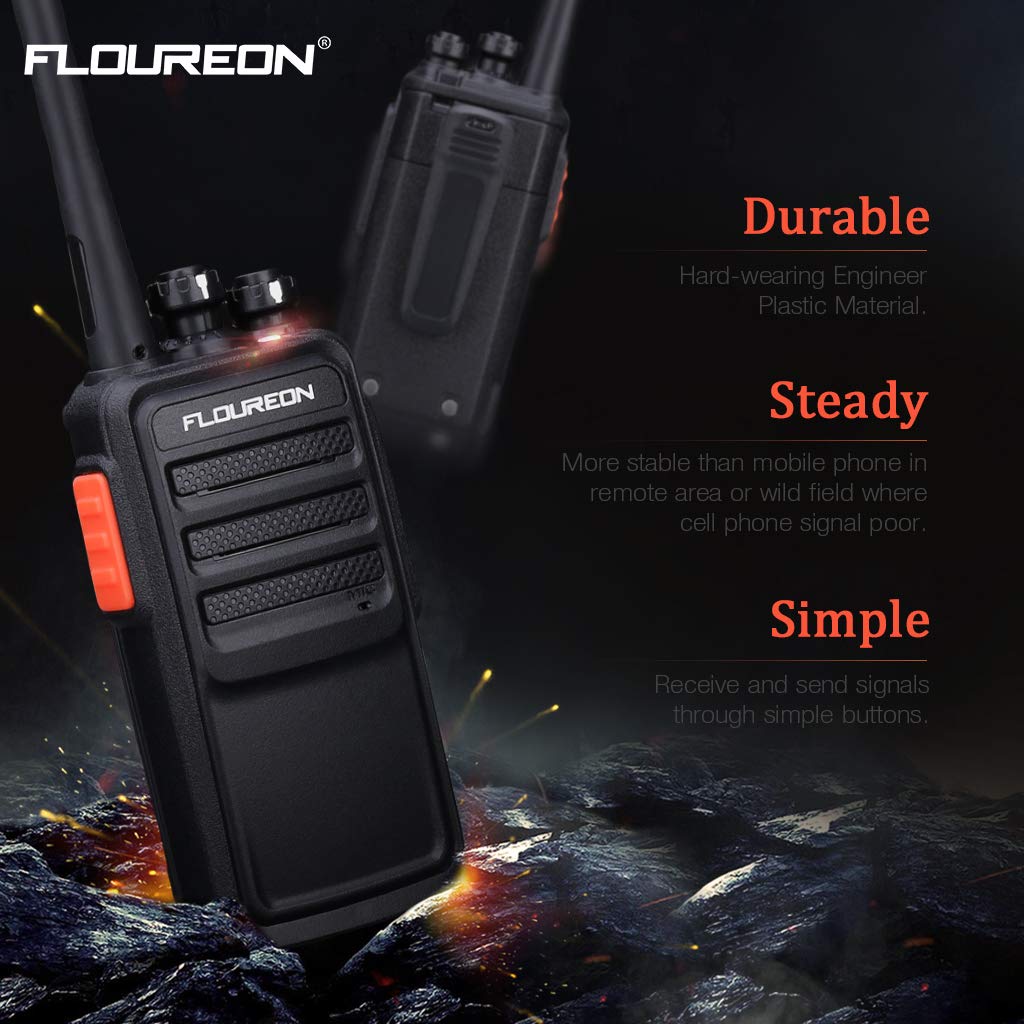FLOUREON Rechargeable 16 Channel WalkieTalkies PMR 446MHZ License-free Two Way Radio Handheld Transceiver Voice Prompt long Range Interphone Scan TOT with LED Light Earpieces Black 2 Pack