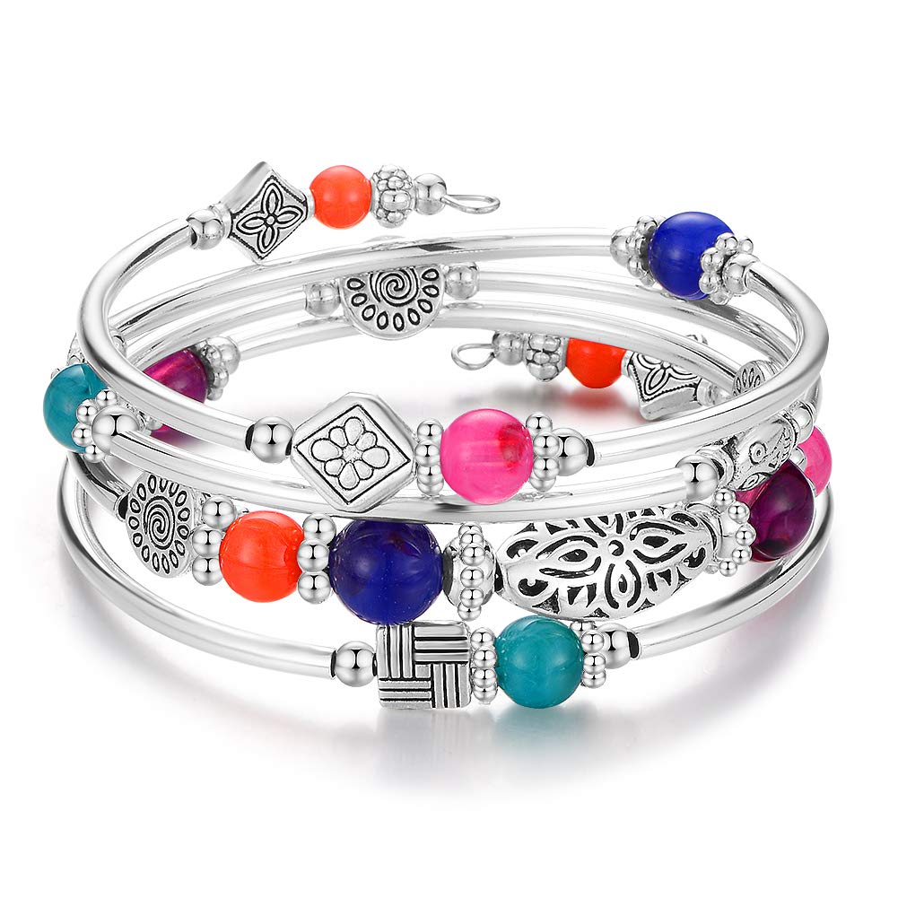 BULINLIN Beaded Silver Bangle Wrap Bracelet for Her, Layered Bohemian Bracelets with Natural Stone, Jewellery Gifts for Women Ladies(Colorful)