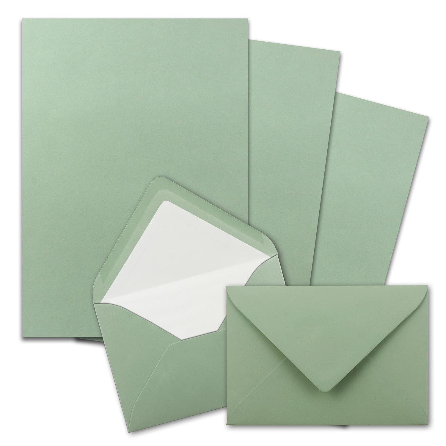 25x stationery sets DIN A4 with C6 lined envelopes, wet glue - Eucalyptus green - matt writing paper and envelopes with white silk lining