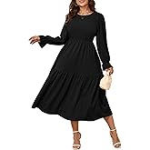 SHESTARR Women's Plus Size Dress Long Sleeve Crewneck Smocked Tiered Flowy Boho Wedding Party Maxi Dresses