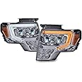 DOTCOM LED Tube Headlight Assembly, Compatible with Ford F150 2009-2014 Headlamps FO2503289 FO2502289 Driver Side & Passenger Side, Smoky lens Chrome Housing Amber Reflector