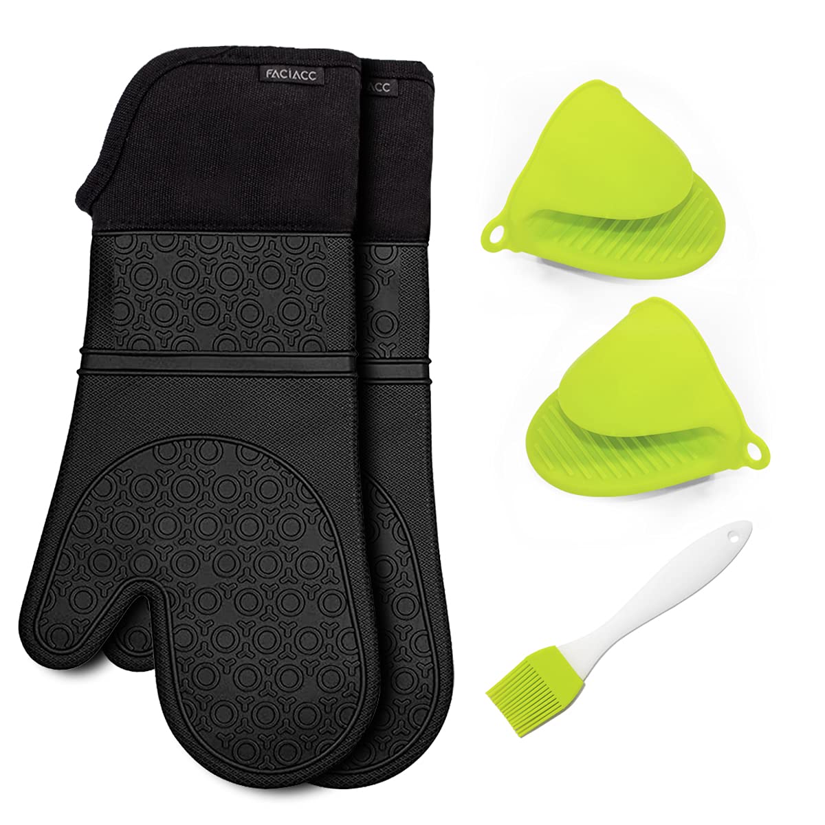 FACIACC Silicone Oven Gloves Set, Heat Resistant Waterproof Kitchen Gloves with Cotton Lining, Extra Mini Oven Mitts Pot Holder with Silicone Brush for Microwave BBQ Cooking Baking Grilling (Black)
