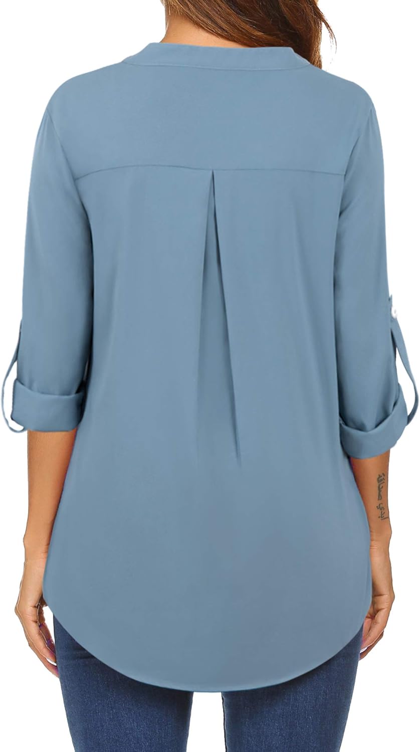 Bulotus Women's V Neck Chiffon Blouse Business Casual Button Down Shirts: Clothing