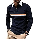 DEEX XL Navy Blue Men's Long Sleeve Polo Shirts 2025 Casual Button Down Golf Shirt Fashion Striped Slim Fit Golf Polo Shirt