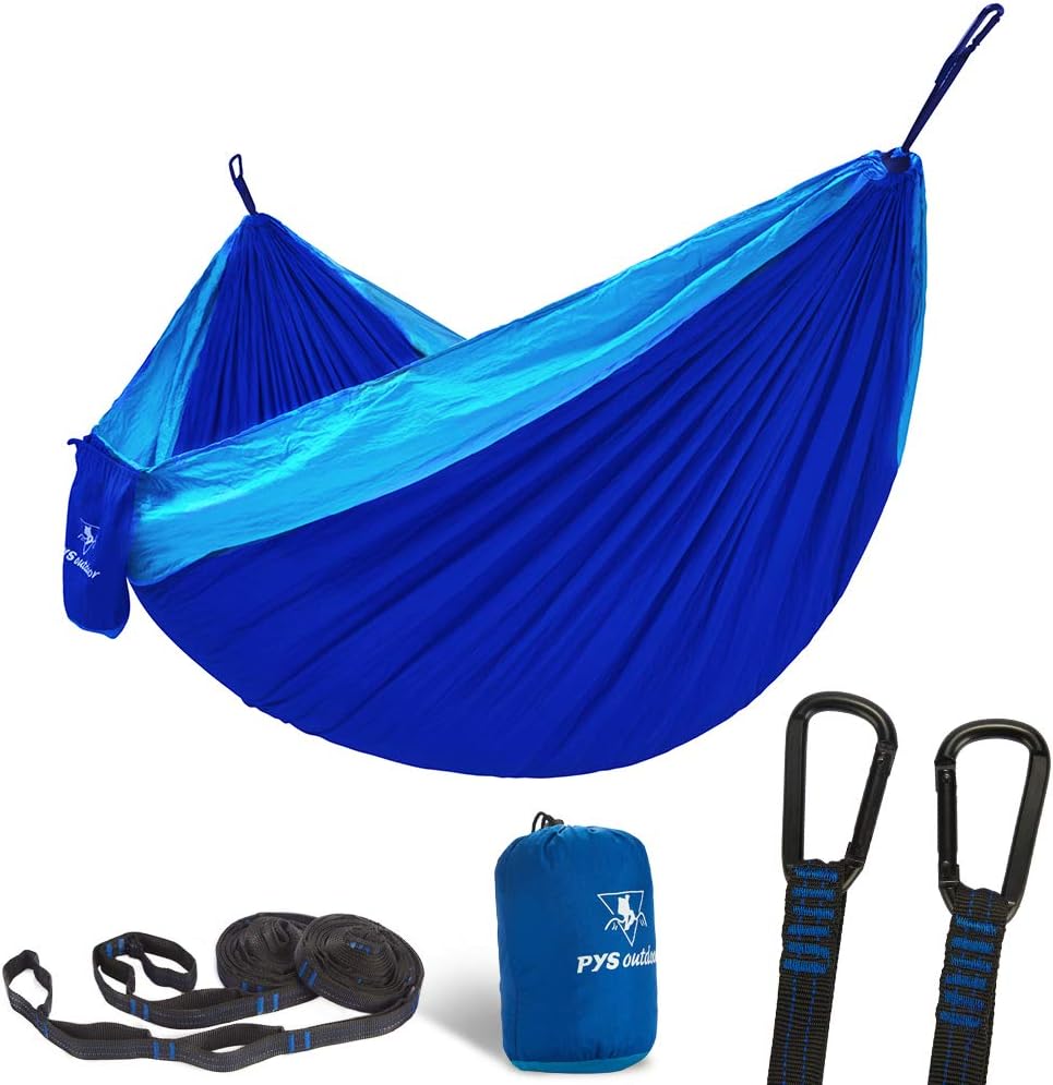 pys Double Portable Camping Hammock with Straps Outdoor -Nylon Parachute Hammock with Tree Straps Set with Max 1200 lbs Breaking Capacity, for Backpacking, Hiking, Travel (Royal Blue+Bright Blue)
