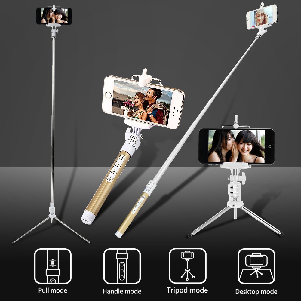 WISETIGER Bluetooth Selfie Stick with Wireless Remote Shutter and Telescopic Tripod for Iphone 6 6 Plus 6s Galaxy HTC IOS Android Gopro(Gold)