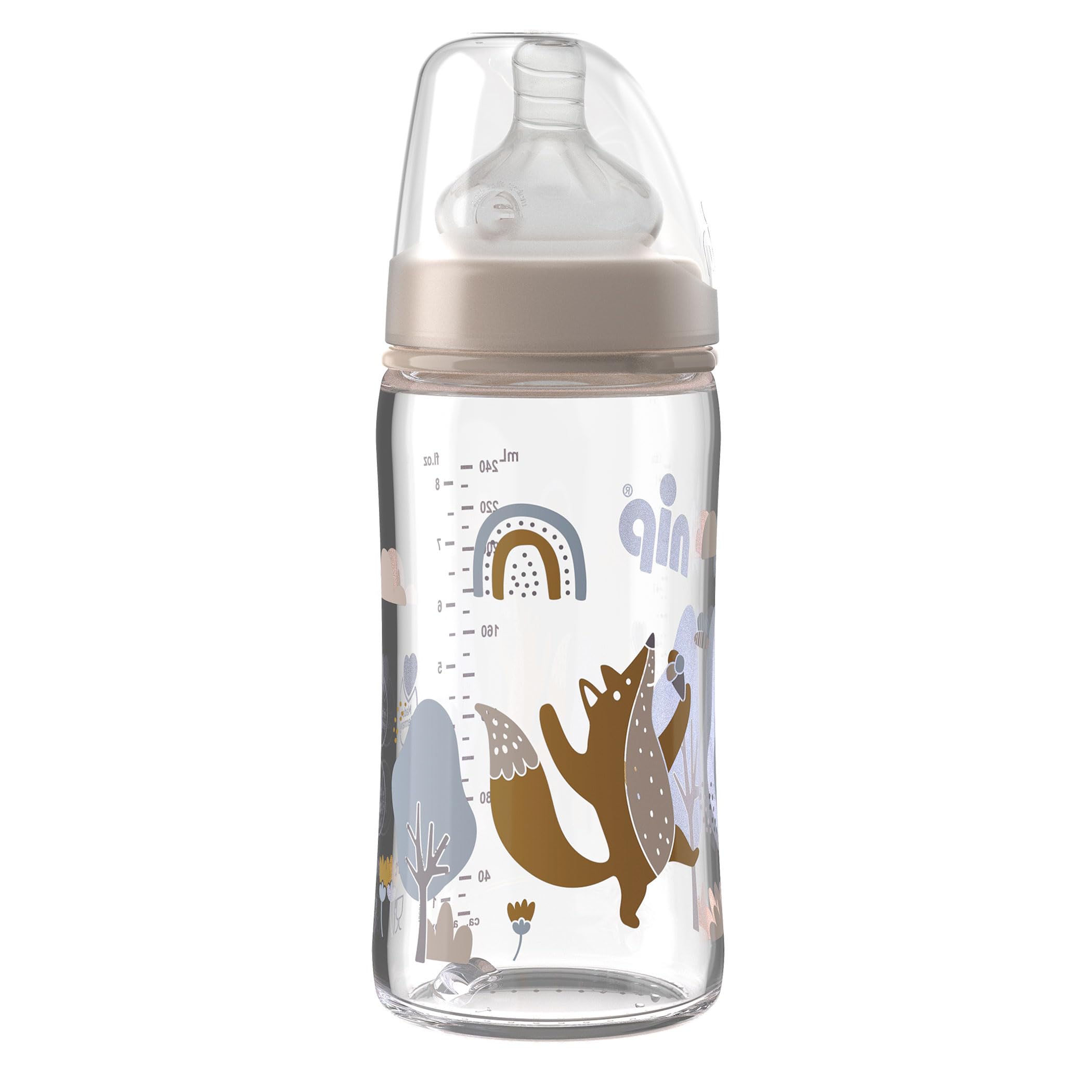 nip 35064 Wide-Neck Glass Baby Bottle with Silicone Teat, Group 0+ Milk, 240 ml