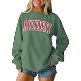 Merry Christmas Sweatshirt for Women Retro Merry Letter Sweatshirts Xmas Holiday Crewneck Long Sleeve Pullover Tops