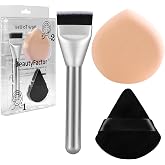 Flat Foundation Brush and Powder Puff Set, Korean Makeup Brush Teardrop Sponge for Liquid Foundation,Premium Face Makeup Brush Sponge for Blending Cream Setting Powder