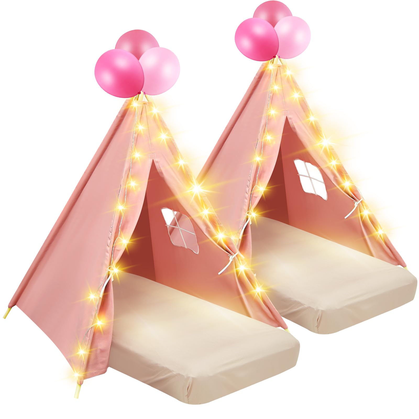 Photo 1 of Lemosae 2 Pack Kids Teepee Tent with Mattress,Fitted Sheet,Light String,Washable Natural Cotton Toddler Play Tent for Girls Boys Indoor Outdoor Sleepover Slumber Birthday Party(Pink)