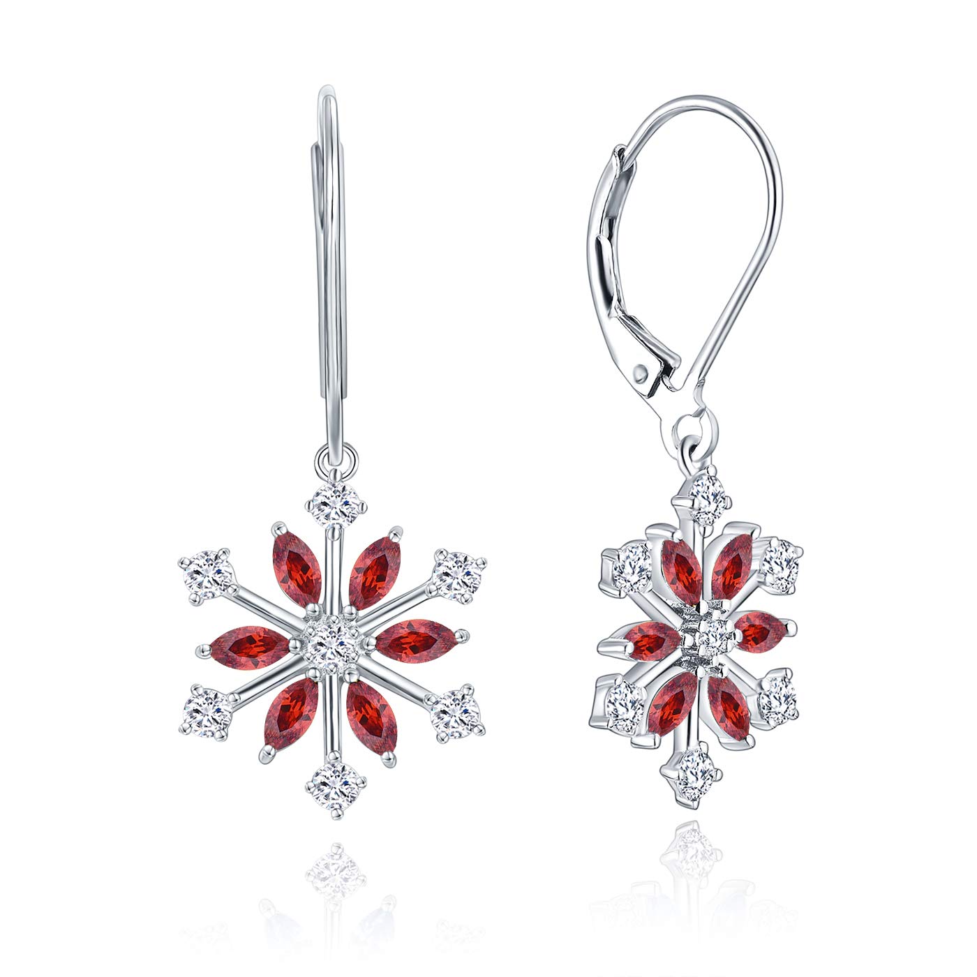 JO WISDOM Snowflake Earrings,925 Sterling Silver 3A Cubic Zirconia January Birthstone Garnet Color Dangle & Drop Earrings,Jewellery for Women