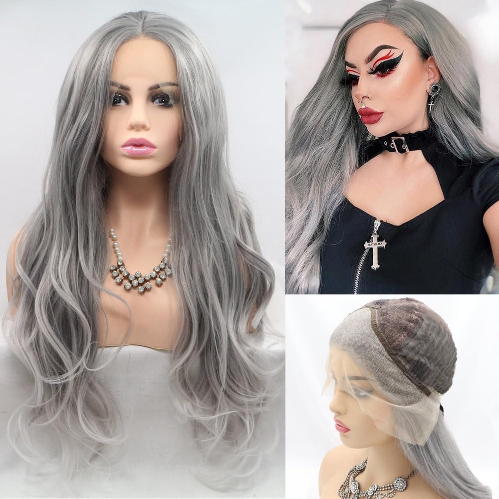 24" Replacement Natural Light Grey with Tips Lace Front Wig Heat Safe Long Wave 13x3" Pre Plucked Synthetic Hair Pastel Gray Wigs for Women Ladies Cosplay Makeup Party Travel Wigs Layered Design