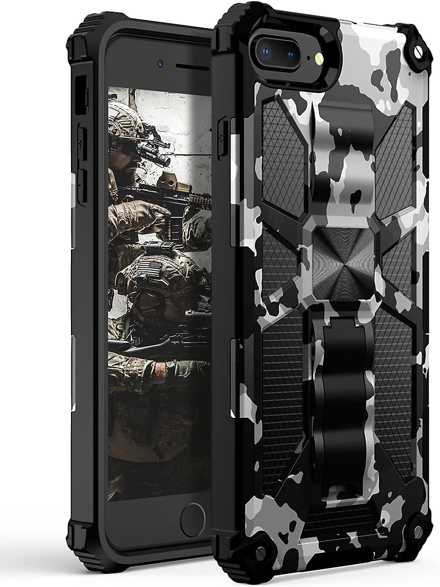 YVPro Case Compatible for iPhone 8 Plus Case iPhone 7 Plus Case iPhone 6s Plus Case iPhone 6 Plus Case Man Sturdy Kickstand Shockproof Protective Camo Cover Camouflage White