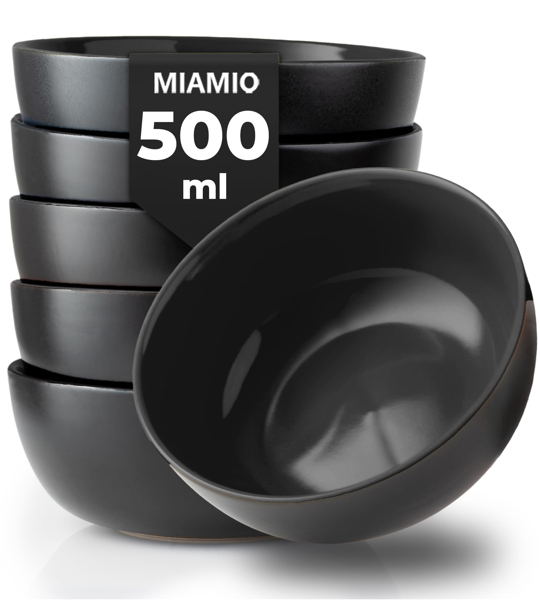 MIAMIO - 6 x 500 ml Stoneware Bowl Set Outside Black Inside Colourful - Le Papillon Collection (Black)