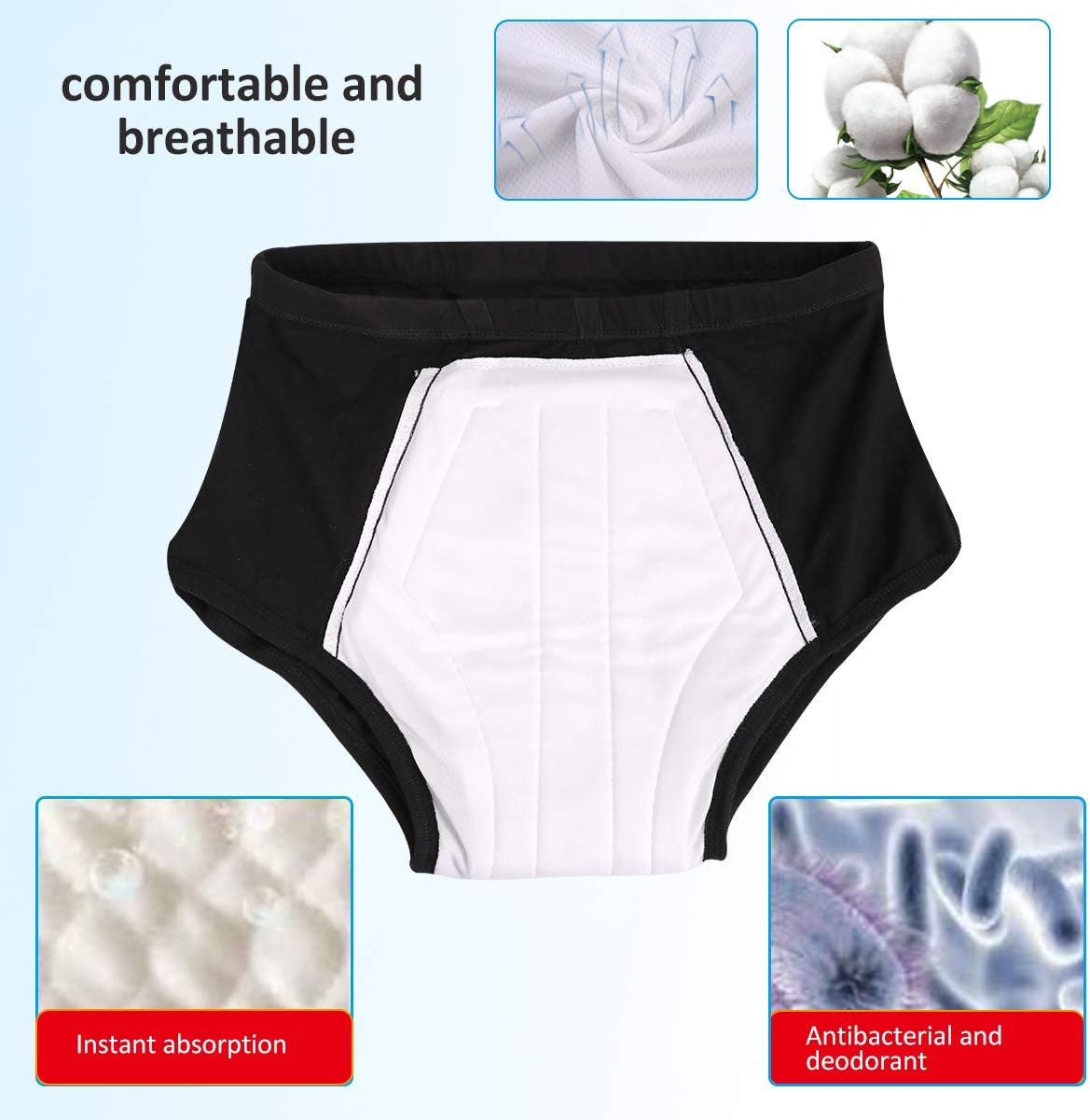Men's Incontinence Underwear with Built in Absorbent Pad Surgical Recovery Washable Reusable Incontinence Briefs for Prostate Surgery (Black, Large): Health & Personal Care