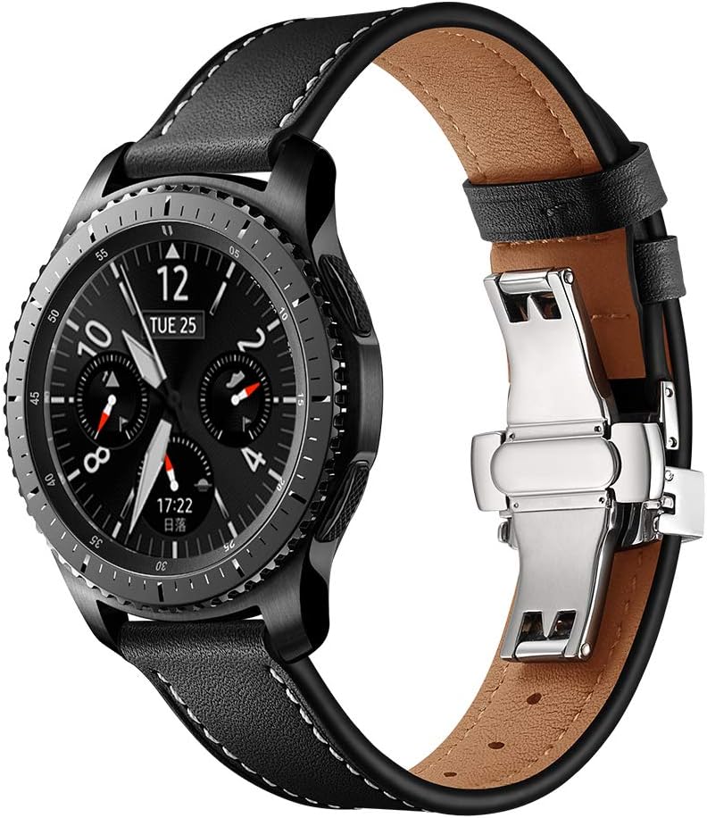 Myada Compatible for Samsung Galaxy Watch 46mm Strap Leather 22mm Sport Wristband Metal Butterfly Buckle Bracelet Replacement Strap for Samsung Gear S3 Frontier/Classic/Galaxy Watch 3 45mm/46mm, Black - Image 4