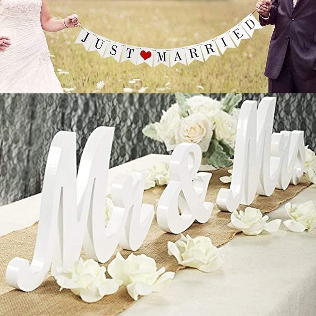 Photo 1 of VIOPVERY Mr and Mrs Sign for Wedding Table,Large White Mr and Mrs Sign,Wooden Letters,Mr & Miss Sign with Just Married Banner Wedding Decorations for Anniversary