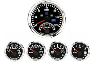 MOTOR METER RACING W PRO Series 5 Gauge Set - 85mm 3-3/8" 2 In 1 GPS Speedometer & Tachometer 52mm 2-1/16" Volt, Fuel Level, Water Temperature & Oil Pressure Black Dial White LED - For Car, Boat Truck