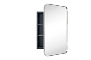 EGHOME Brushed Nickel Rectangle Recessed Bathroom Medicine Cabinet with Mirror Stainless Steel Metal Framed Rounded Rectangular Bathroom Cabinet with Mirror 16x24''