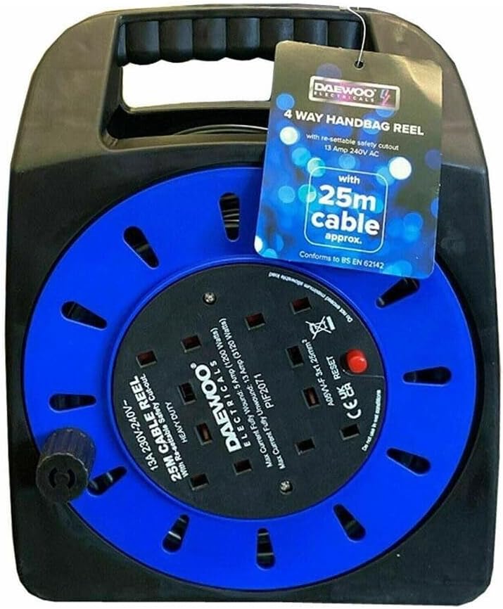 Daewoo Extension Reel 4 Way Socket 25m Cable Heavy Duty Safety Cut Out