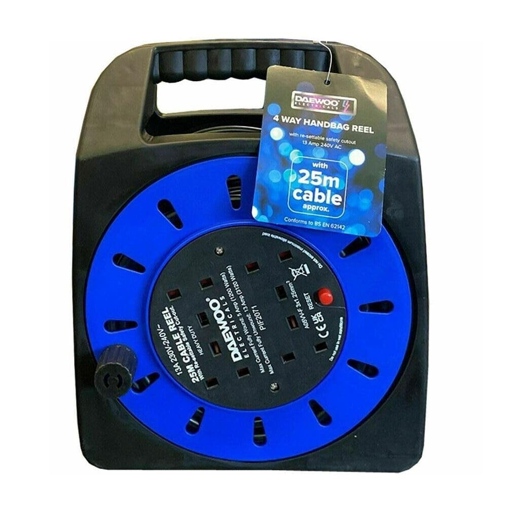 Daewoo Extension Reel, 4 Way Socket with 25 Metre Cable, Heavy Duty with Resettable Safety Cut Out, Handbag Reel, Black and Green