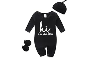 BIBIMOM Baby Romper with Baby Mittens & Newborn Hats Footless Long Sleeve Solid Onesie Hi Im New Here