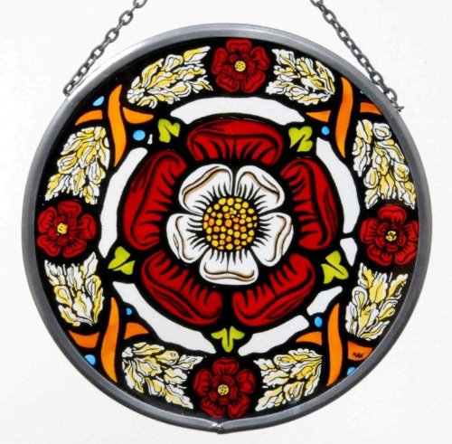 Decorative Hand Painted Stained Glass Window Sun Catcher/Roundel in a Medieval Tudor Rose Design.