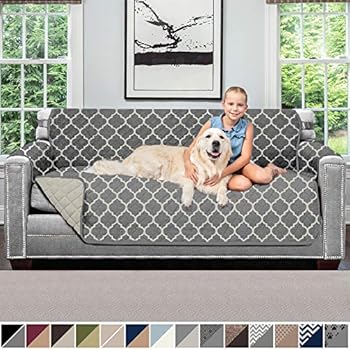 Sofa Shield Original Patent Pending Reversible Large Sofa Protector for Seat Width to 70 Inch, Furniture Slipcover, 2 Inch Strap, Couch Slip Cover Throw for Pets, Cats, Sofa, Quatrefoil Charcoal Linen