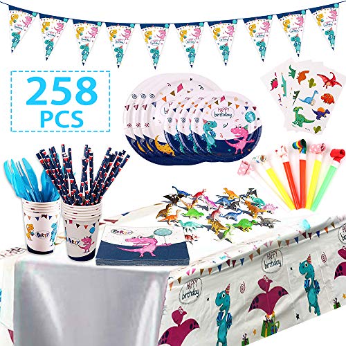 Dinosaur Party Supplies, Complete Party Supplies for Boys and Girls Including Plates, Cups, Napkins, Tablecloth, Banner, Dinosaur Toys, Blowing Dinosaurs, Spoons, Forks and Knives, Serves 24