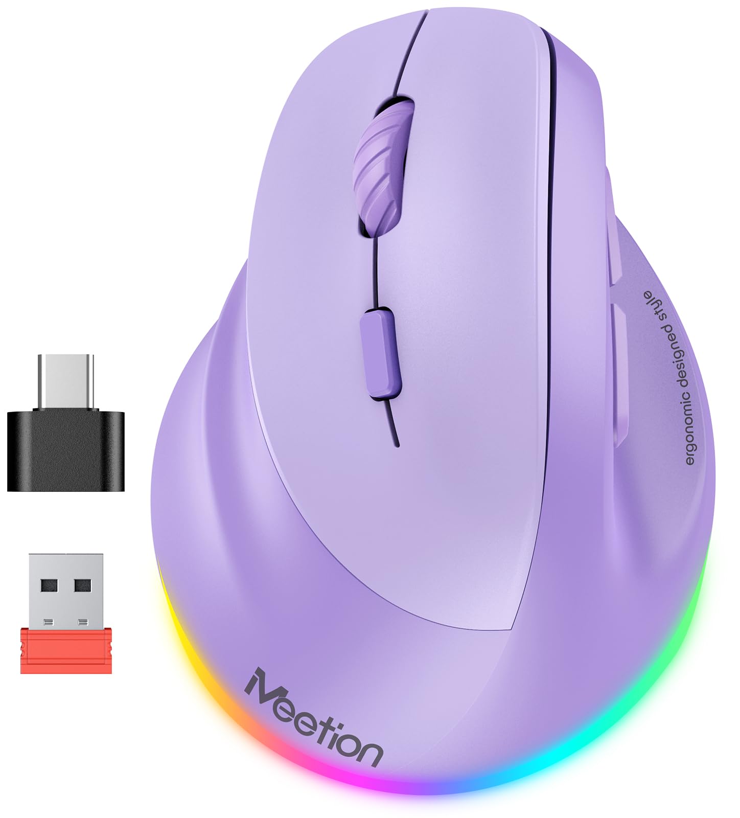 Photo 1 of MEETION Left-Handed Mouse, Ergonomic Mouse Wireless Vertical Mouse, RGB Rechargeable Mice for Bluetooth(5.2 + 3.0) & USB-A with Type-c Adapter 4 Adjustable DPI for Mac/Windows/PC/Tablet/iPad Purple