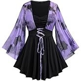 ROSE GAL Women Plus Size Romantic Gothic Lace-up Mesh Bell Sleeves Tee Renaissance Top Gothic Top