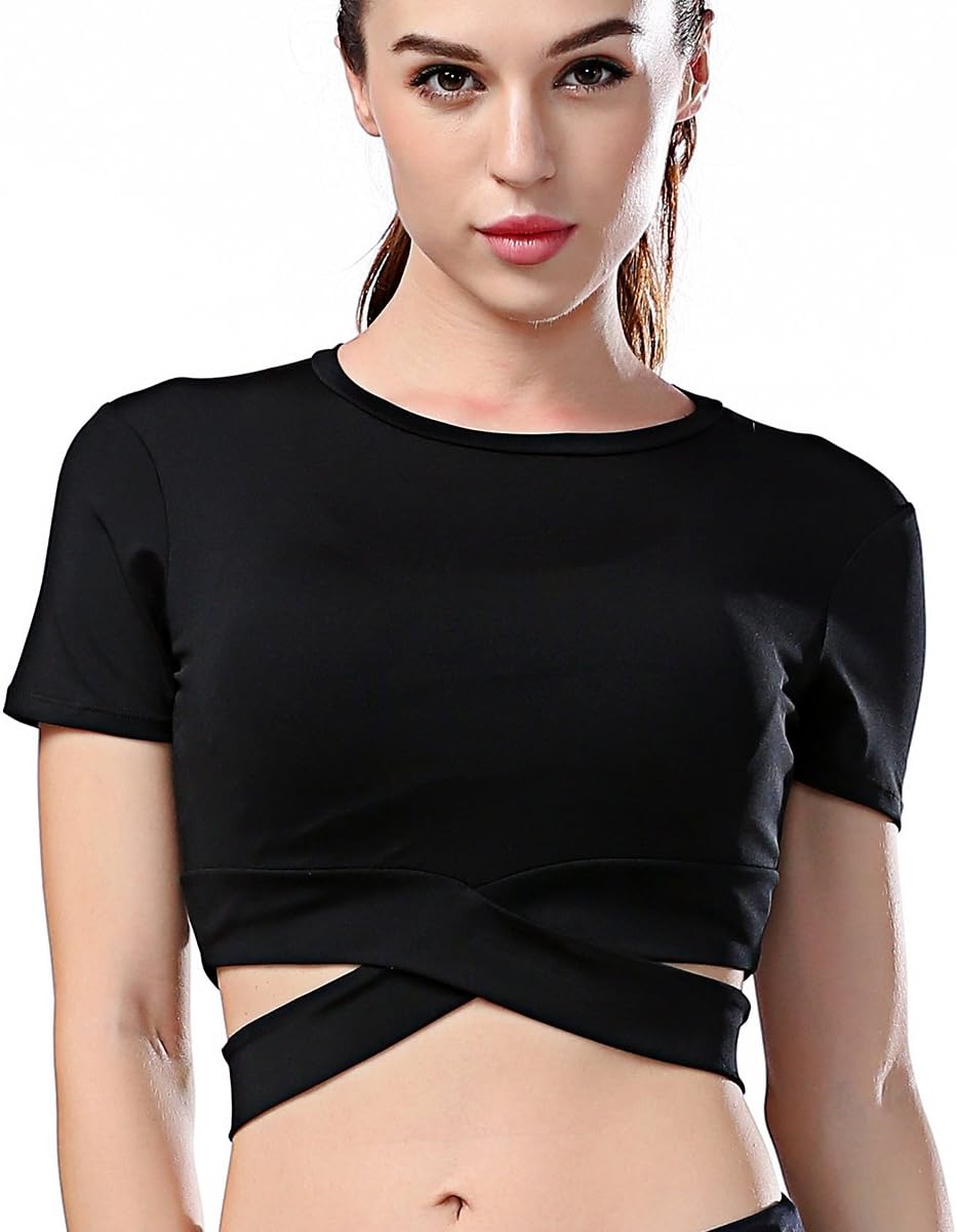 Women's Yoga Gym Crop Top Compression Workout Athletic Short Sleeve Shirt
