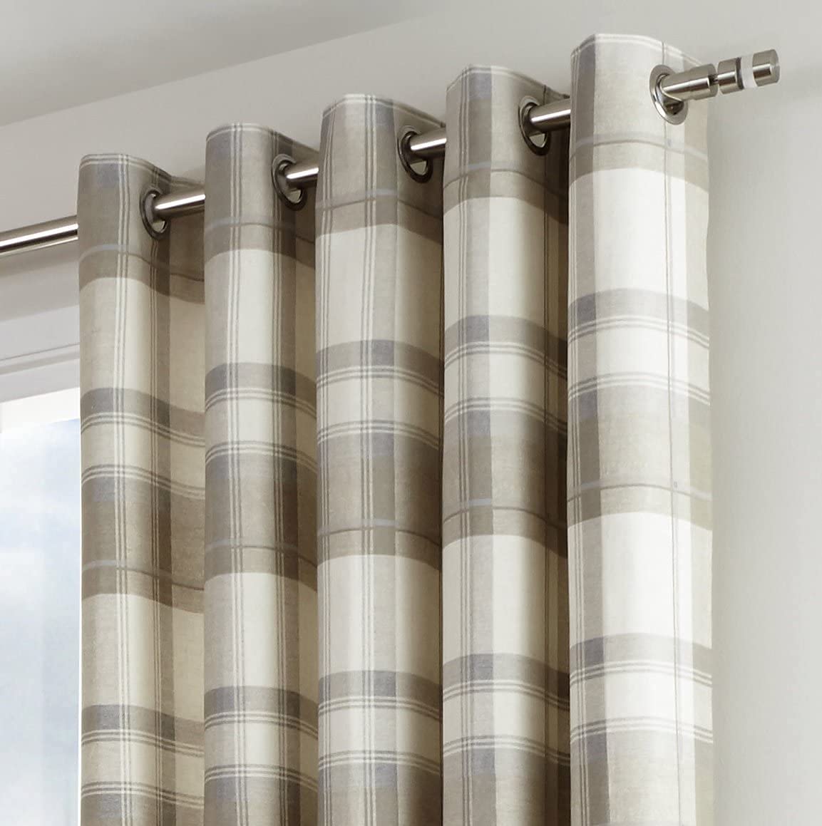Fusion - Balmoral Check - 100 Percent Cotton Pair of Eyelet Curtains - 46" Width x 54" Drop (117 x 137cm) in Natural, Nautral
