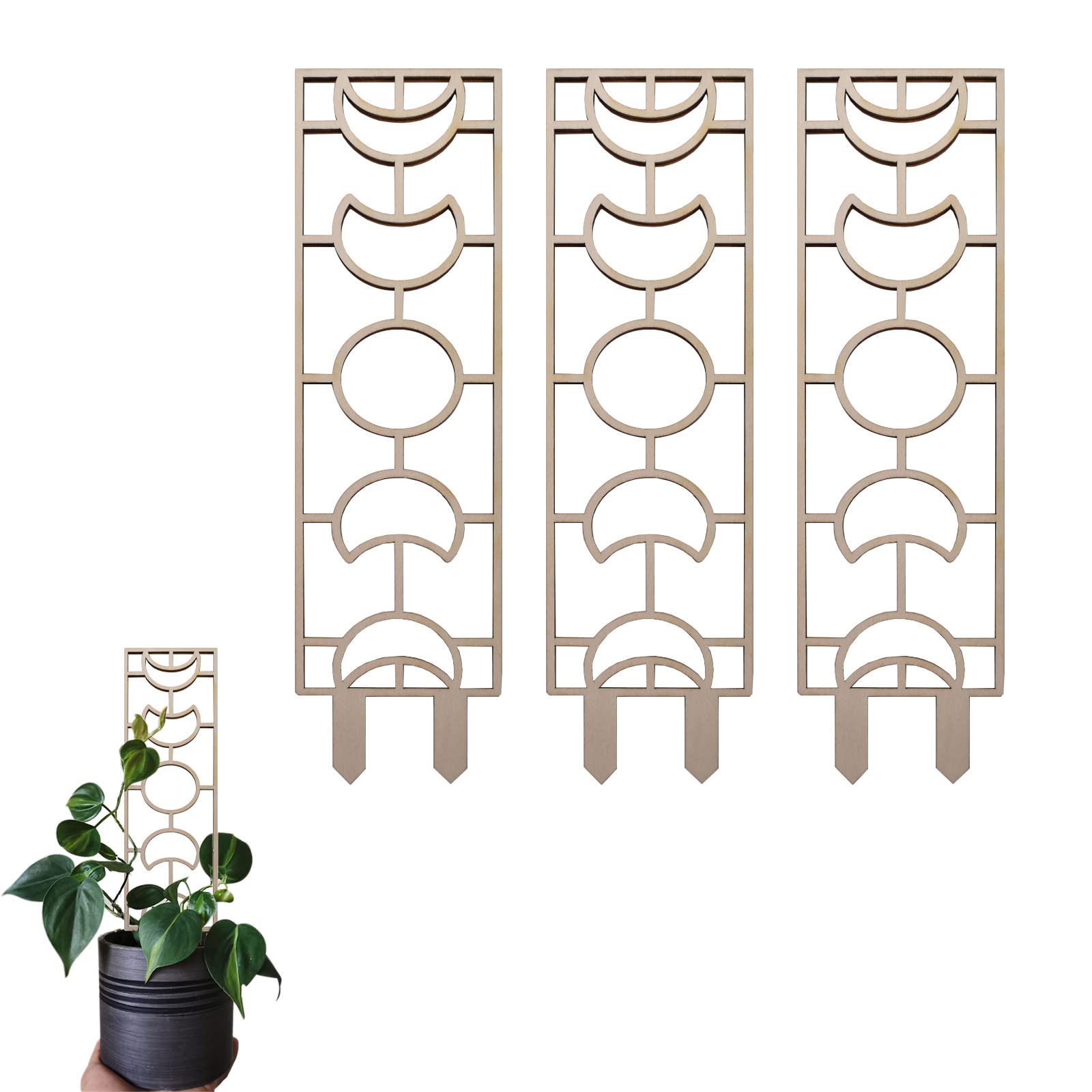 Plcnn 6 Pack Small Wooden Trellis Indoor Plant Trellis for Climbing Plants, 11.8in Vine Support for Potted Plants, Moon and Geometric Shape Design