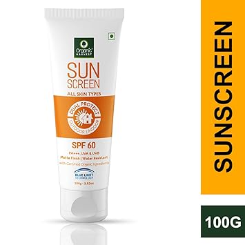 Organic Harvest Sunscreen SPF 60 For All Skin Type, PA+++, Matte Finish, Water Resistant, Sulphate Free - 100gm