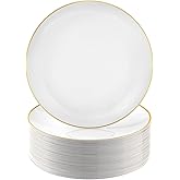 Bestluck 100 PCS Gold and White Plastic Plates, 10 inch White Disposable Plates for Party, Plastic Dinner Plates for Party, Graduation, Birthday, Wedding