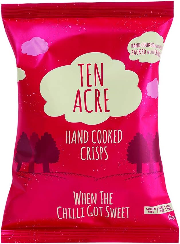 Ten Acre, Potato Chips - Hand Cooked Crisps, Gluten, MSG and Dairy Free, Vegan and Kosher Certified - Crispy and Delicious Food Snack for Kids and Adults, 40g Pack of 24, Sweet Chilli Flavour
