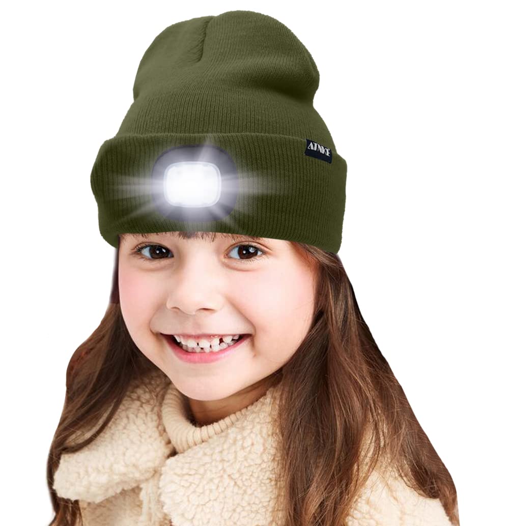 ATNKE Kids LED Lighted Beanie Cap, USB Rechargeable 4 LED Headlamp Waterproof Winter Warmer Knit Night Hats with Light for Boys Girls/Army Green
