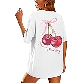 BINTEHGS Oversized Graphic Tees for Women Trendy Cherry Printed Shirt Cute Summer Aesthetic Cotton Tshirts Tops for Teens