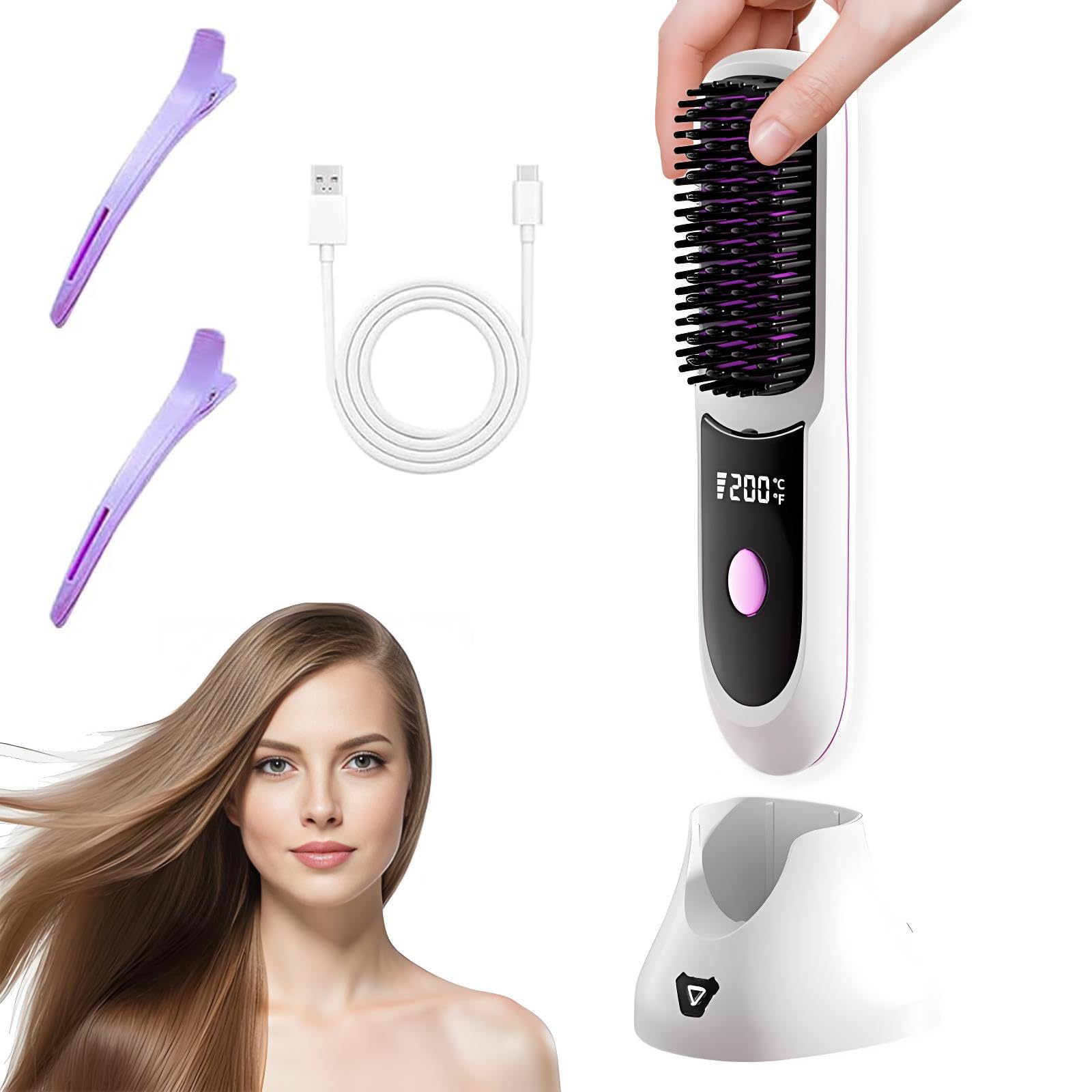 Photo 1 of Go Brush Pro Hair Straightener,Go Brush Pro Hair Cordless with Charging Dock,6000mAh Touch Up On-The-Go,Fast Heating,Rechargeable Brushs for Straightening,Gift for Women (White)