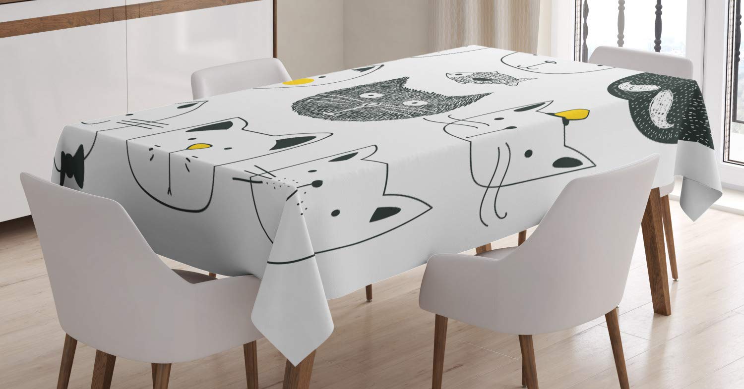 ABAKUHAUS Cat Tablecloth, Cats Moustache Bow Tie Hat Crown Fluffy and Fish Humor Faces Graphic, ining Room Kitchen Rectangular Table Cover, 54 W X 78 L, Yellow Grey