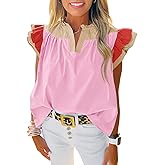 Tankaneo Womens Ruffle Color Block Tank Tops Summer Casual Dressy V Neck Pleated Blouse Loose Fit Sleeveless Shirts