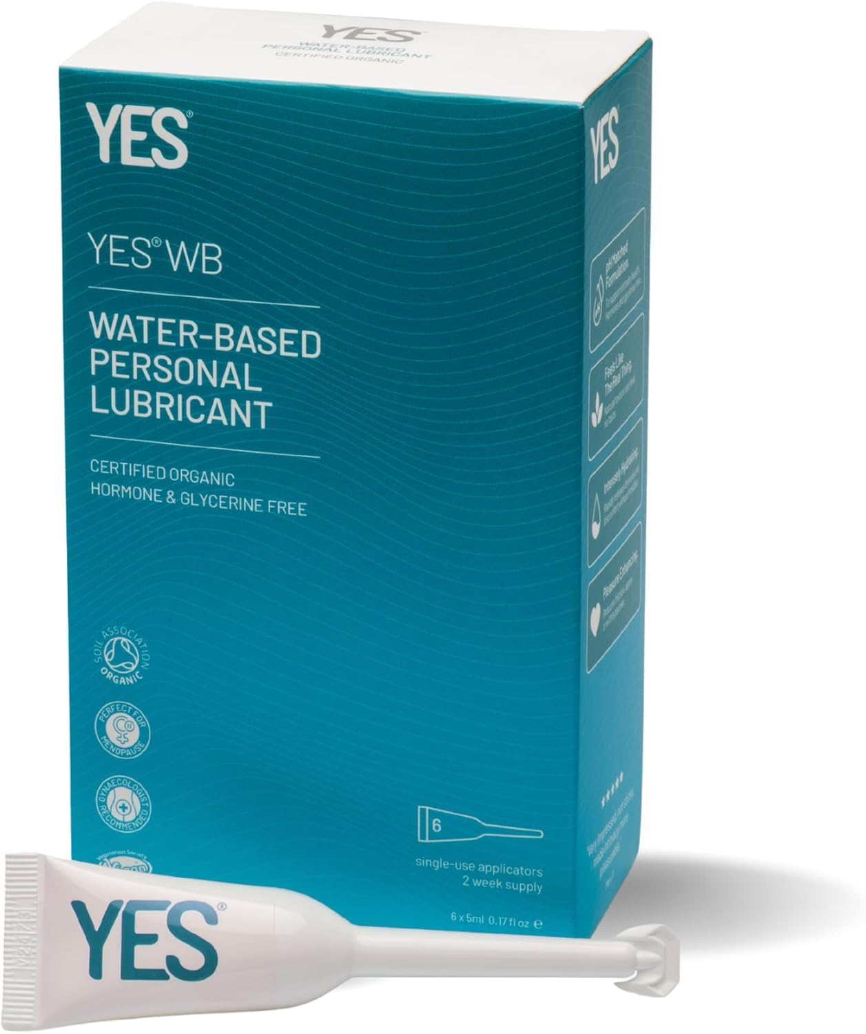 YES® WB Water-Based Personal Lubricant | Intensely Hydrating Water-Based Lube | Certified Organic | Made Without Hormones or Glycerine | pH Matched (6 x 5ml Applicators)