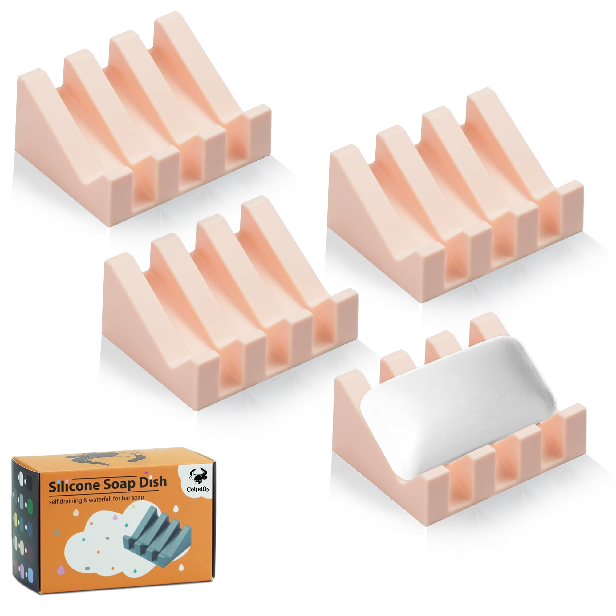 Coipdfty Self Draining Soap Dish Holder,Silicone Soap Dish,for Bathroom,Kitchen, Sponges，Can Extend Soap Life，Keep Soap Bars Dry and Easy Cleaning (Pink,4-Pack) Image