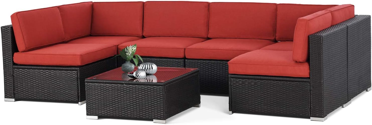 Incbruce Outdoor Patio Furniture Set 7-Piece All-Weather Sectional Sofa Outside Couch, Manual Weaving Wicker Rattan Conversation Set with Glass Top Table and Removable Cushions (Red)