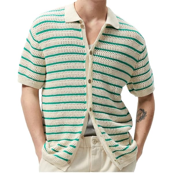 Hacikis Mens Short Sleeve Knit Polo Shirts Striped Crochet