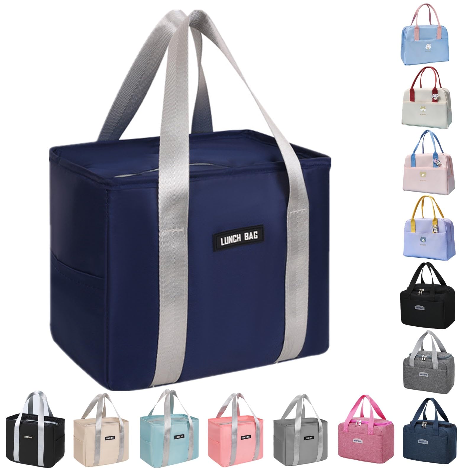 WUWYOUWL Lunch Bag, Cute Carton Insulated Lunch Box, Reusable Lunch Cooler Bags Waterproof Lunchbag Foldable Lunch Bag for Women, Men, Kids and Students Travel Picnic School (Navy Blue-1)